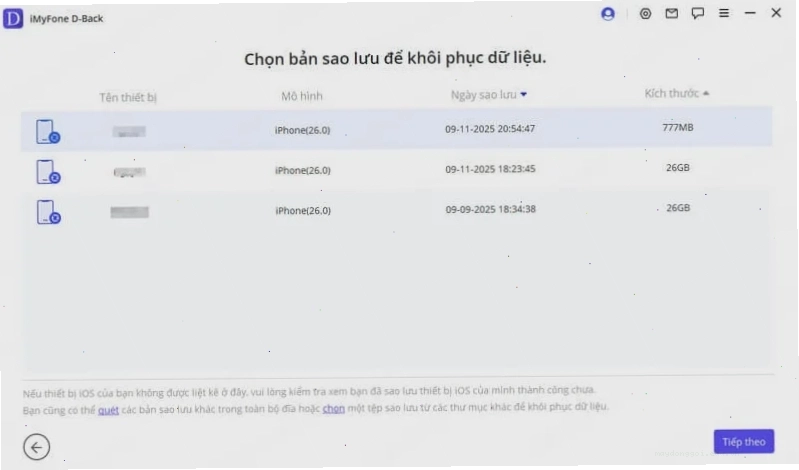 Lựa chọn dữ liệu cần khôi phục từ bản sao lưu iTunes
