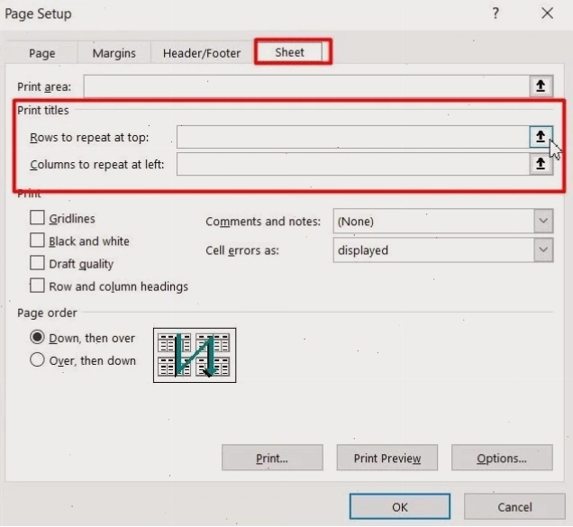 Lựa chọn Rows to repeat at top để thiết lập lặp lại tiêu đề excel
