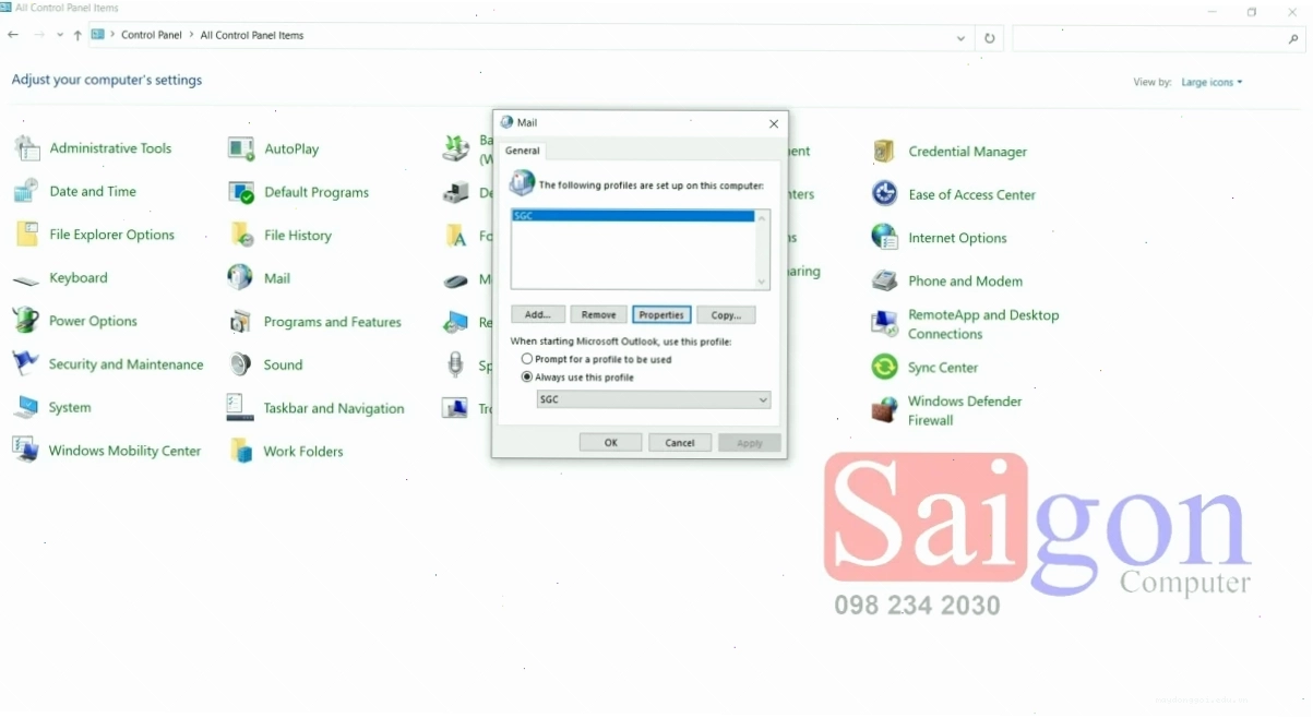 Màn hình Control Panel hiển thị tùy chọn Mail trong Windows