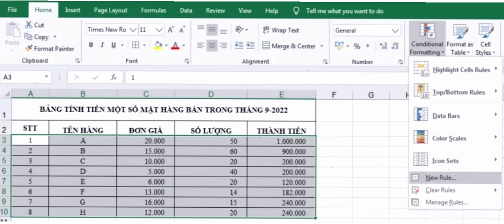 Minh họa kết quả tô màu xen kẽ các dòng trong Excel