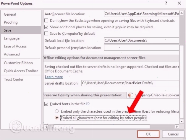 Minh họa quá trình nhúng font chữ vào PowerPoint
