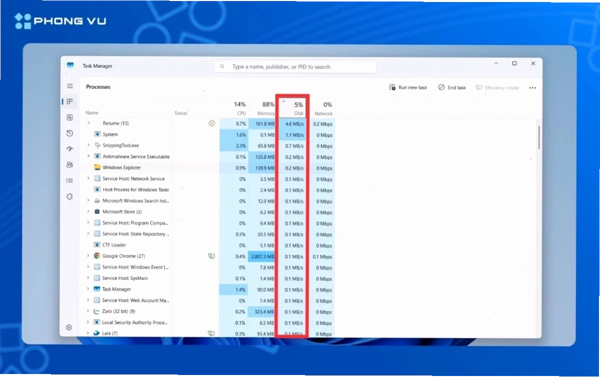 Mở Task Manager sau đó nhấp vào cột Disk trong tab Processes để sắp xếp tiến trình theo mức sử dụng