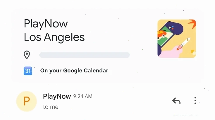 Một thẻ xác nhận sự kiện PlayNow Los Angeles kèm theo một lựa chọn để đồng bộ hoá với Lịch Google