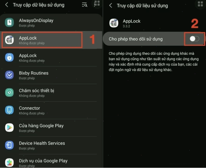 Mục Truy cập dữ liệu ứng dụng, tìm và bật ứng dụng AppLock
