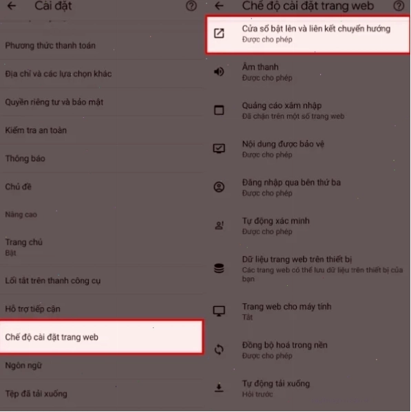 Nhấn chọn mục Chế độ cài đặt trang web trên Android