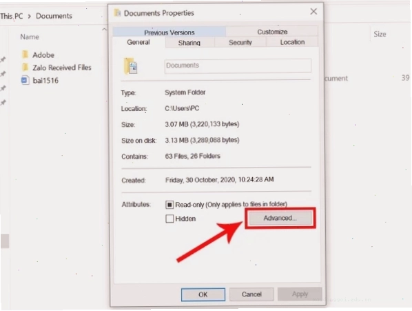 Nhấn vào Advanced để thiết lập mã hóa folder