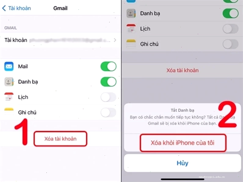 Nhấn Xóa tài khoản sau đó chọn Xóa khỏi iPhone của tôi