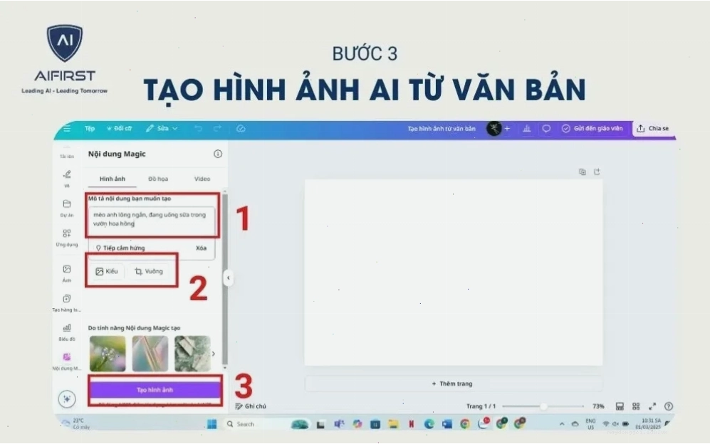 Nhập mô tả, chọn phong cách, bố cục và “Tạo hình ảnh”
