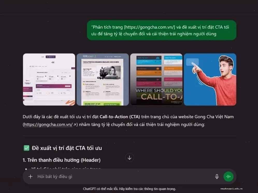 Nhập prompt để yêu cầu Chat GPT gợi ý vị trí đặt CTA