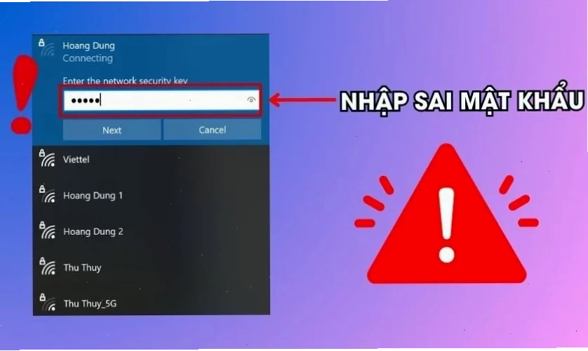 Nhập sai mật khẩu Wi-Fi