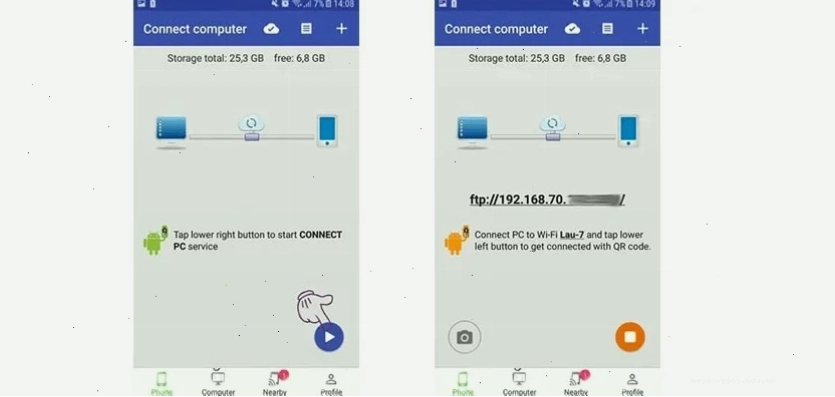 Nhấp vào biểu tượng tam giác ở góc phải bên dưới để kết nối điện thoại Android với máy tính