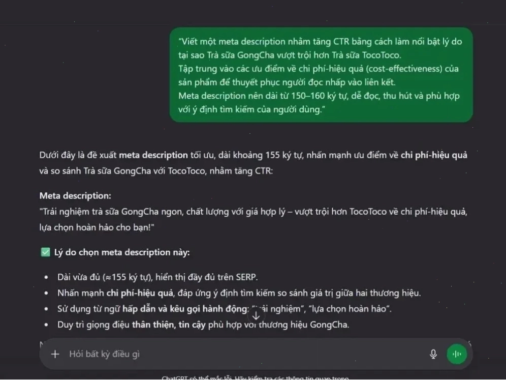 Prompt ChatGPT viết Meta Description