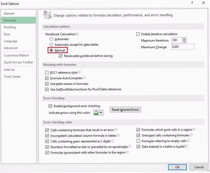 Sửa lỗi do excel đang bị đặt ở dạng tính toán thủ công (manual)