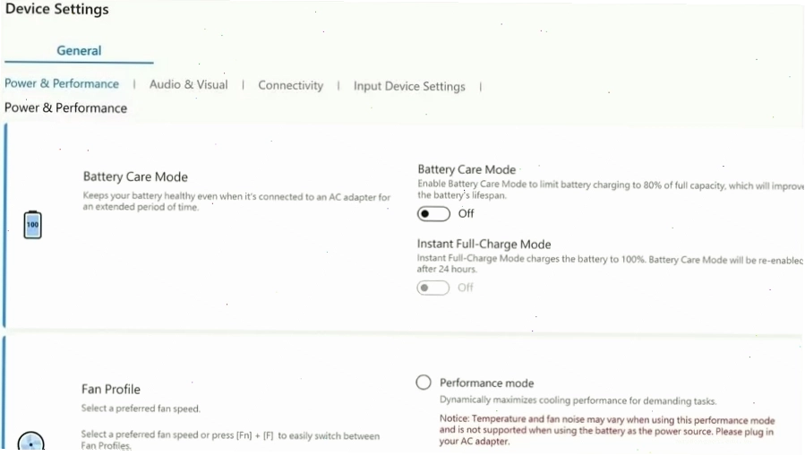 Tab Device Settings trong ứng dụng MyAsus