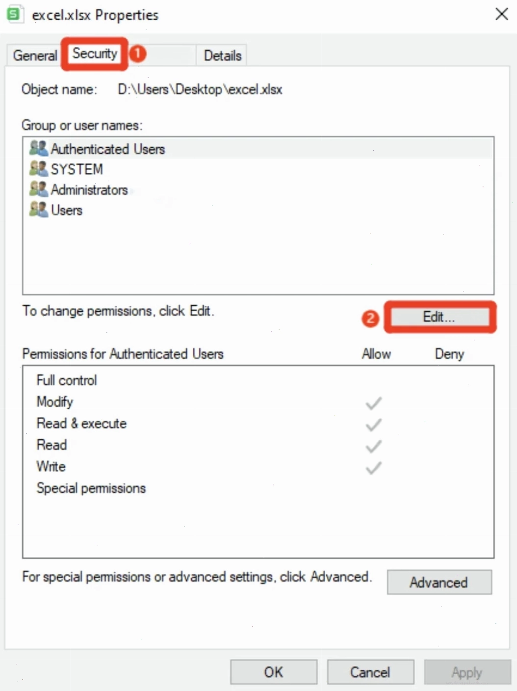 Tab Security trong phần thuộc tính file