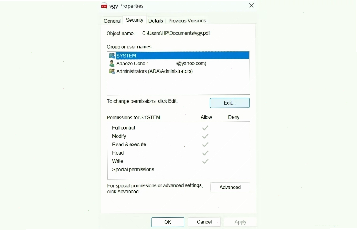Tab Security trong thuộc tính file trên Windows 11 để kiểm tra quyền