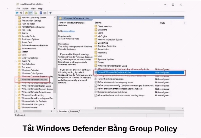 Tăng tốc win 10 bằng cách tắt Windows Defender bằng Group Policy
