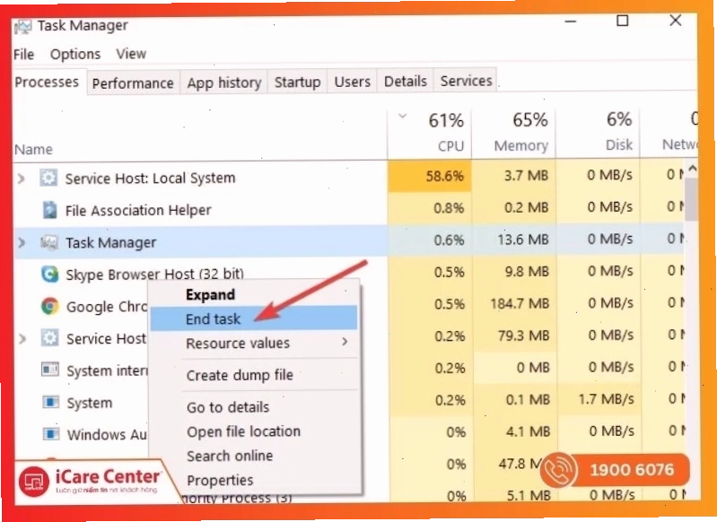 Task Manager hiển thị tiến trình chạy Windows