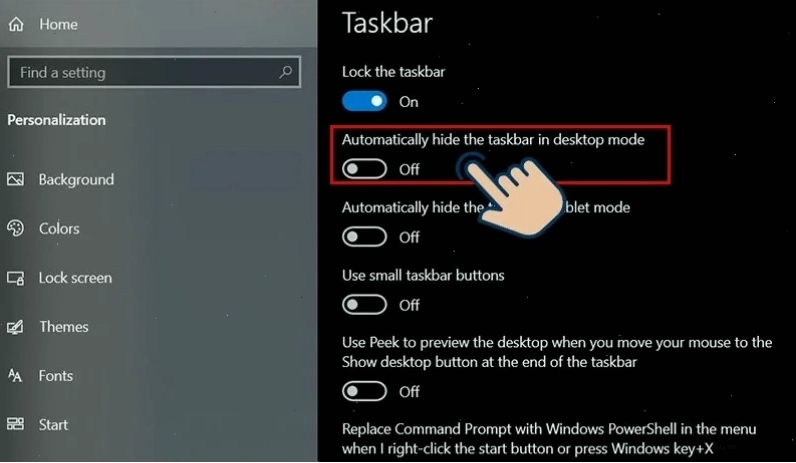 Tắt chế độ tự động ẩn Taskbar trong cài đặt