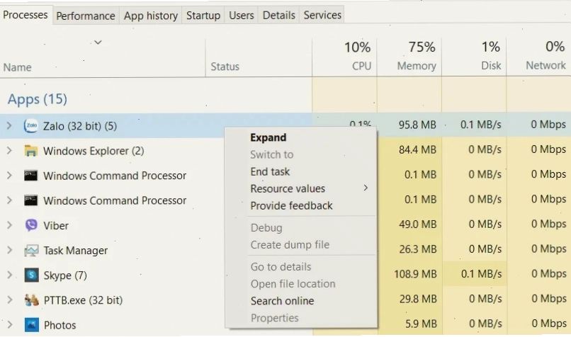 Tắt ZaloPC trên Task Manager để tiến hành sao lưu tin nhắn zalo pc ra ổ d trống ổ c