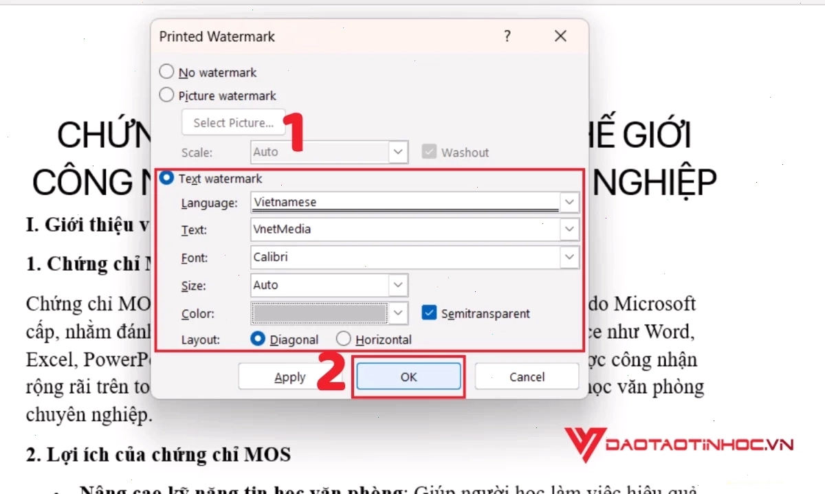 Thiết lập các thông số tùy chỉnh cho watermark hình ảnh