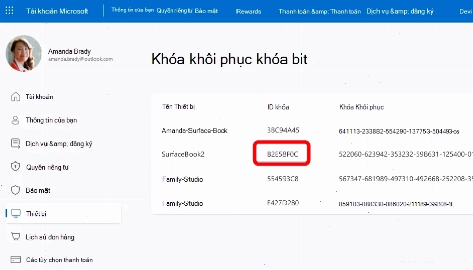 Tìm kiếm khóa khôi phục BitLocker trong tài khoản Microsoft