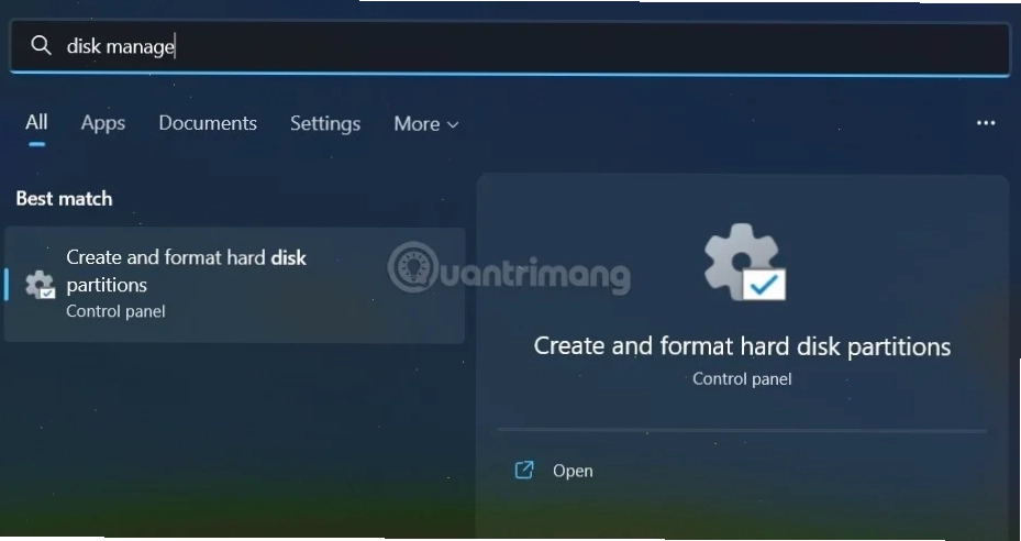 Tìm kiếm và mở Disk Management