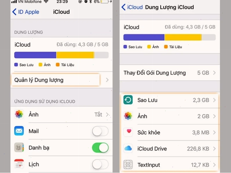Toàn bộ thông tin về iCloud sẽ được hiển thị tại mục Quản lý dung lượng