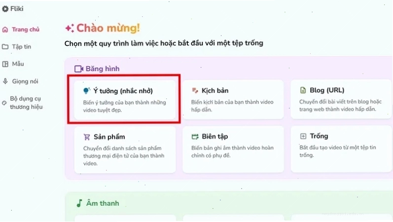 Trong giao diện chính của Fliki AI chọn quy trình làm việc