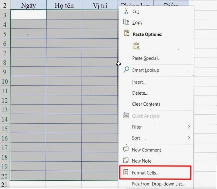 Tùy chọn Format Cells để thiết lập bảo mật file Excel