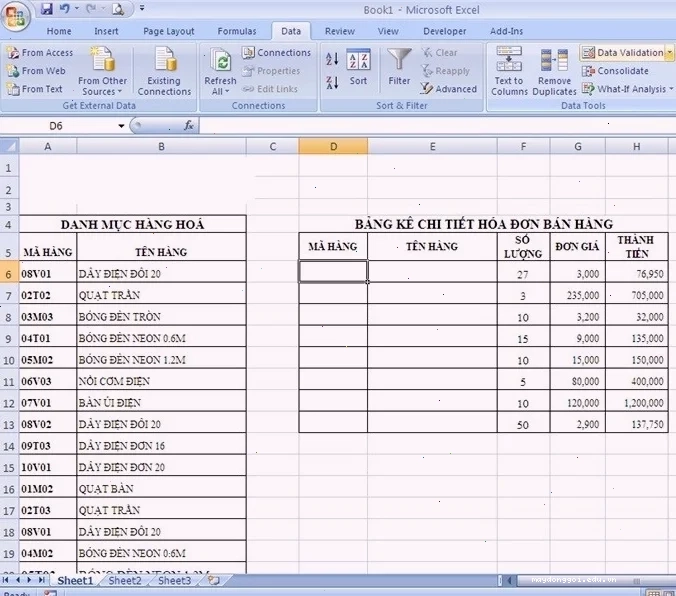 Ứng dụng data validation trong quản lý kho