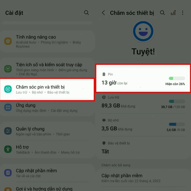 Vào mục Pin trên điện thoại Samsung