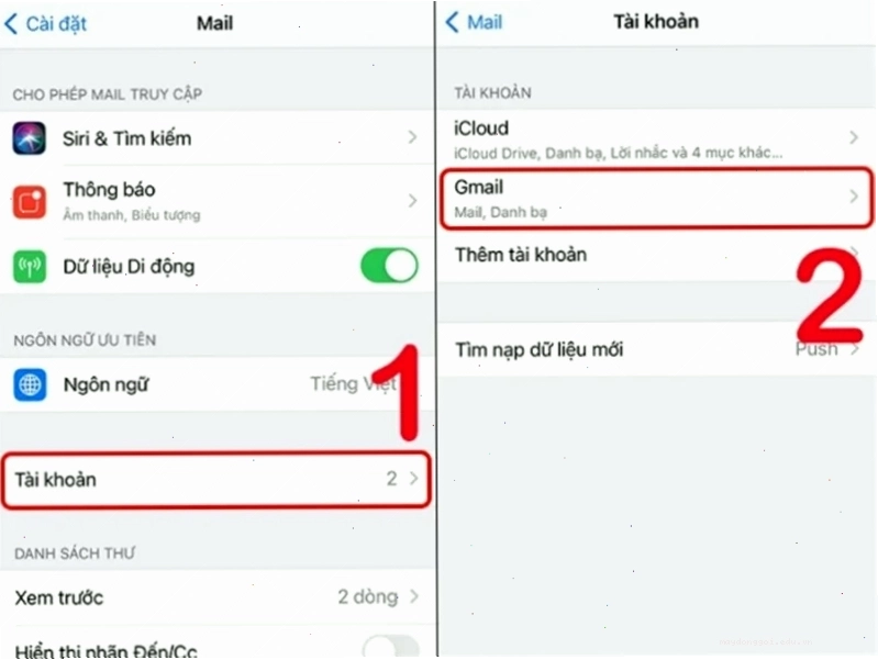 Vào mục Tài khoản và chọn Gmail để tiếp tục xóa tài khoản Google