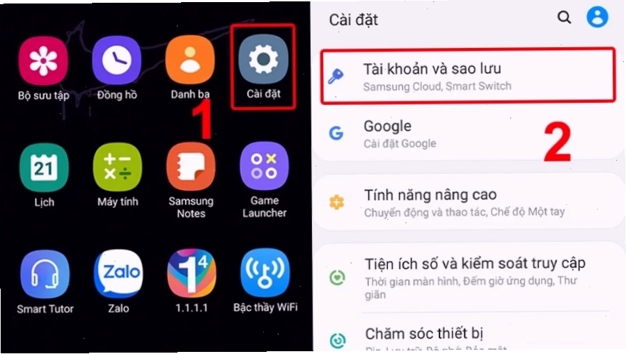 Vào phần Cài đặt của điện thoại Android chọn Tài khoản và sao lưu