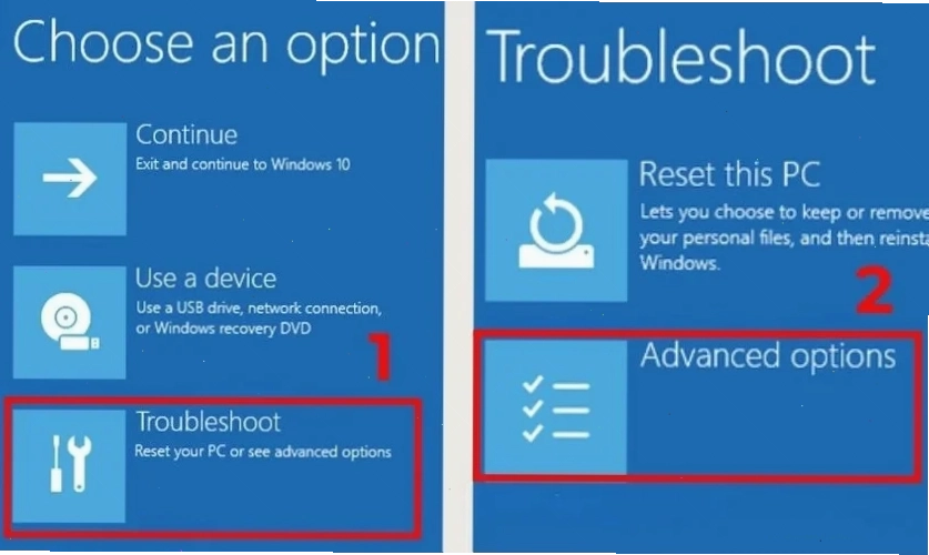 Vào Repair Mode rồi chọn Troubleshoot, chọn Advanced options