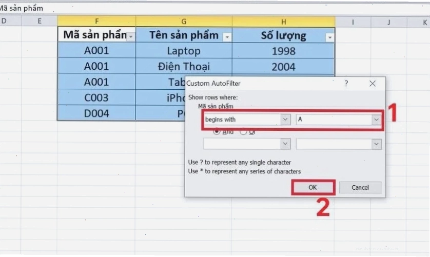 Ví dụ lọc mã hàng bắt đầu bằng chữ A trong Excel