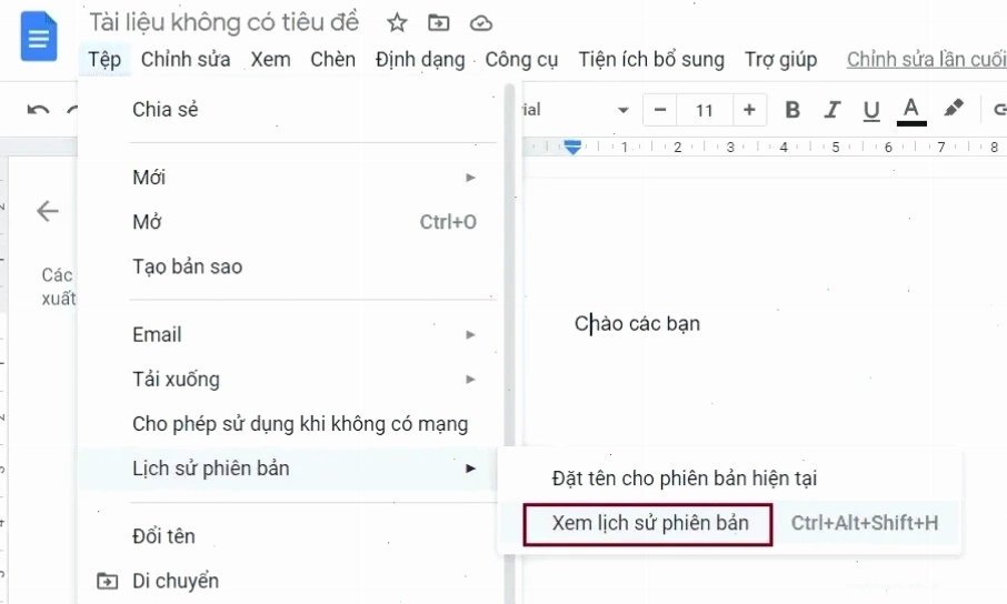Xem lại lịch sử Google Doc