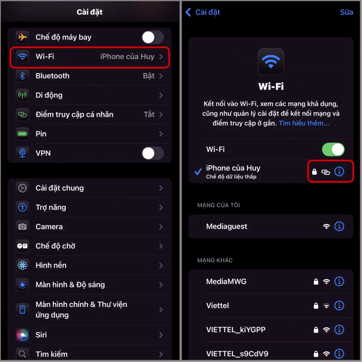 Xem lại mật khẩu wifi đã kết nối trên iPhone trong phần Sửa Cài đặt