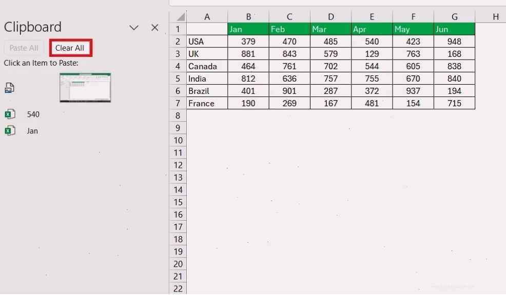 Xóa bộ nhớ tạm Clipboard trong Excel bằng nút Clear All.