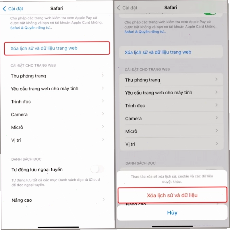 Xóa lịch sử và dữ liệu
