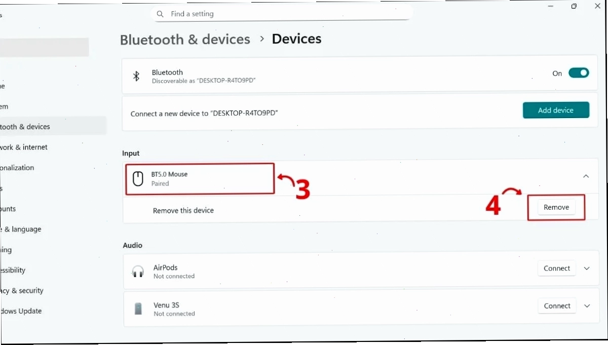 Xóa thiết bị chuột Bluetooth cũ